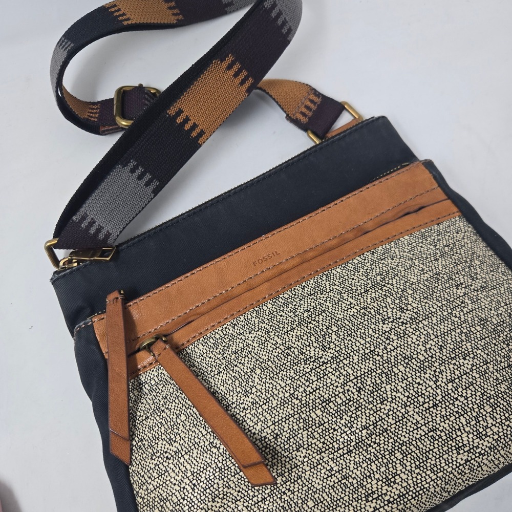 Fossil Crossbody Bag Black Nylon Tan Leather Woven Boho Messenger ZB7268 - Picture 6 of 13